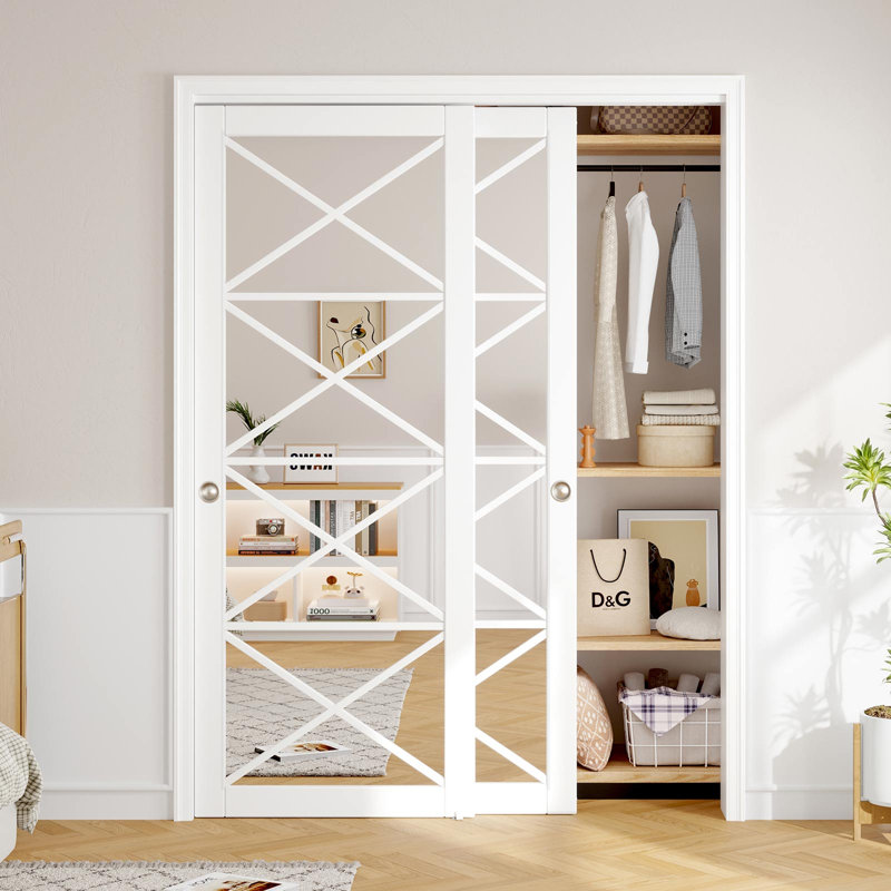 Porte de placard coulissante Farmhouse avec miroir en verre trempé, 60 po x 81 po