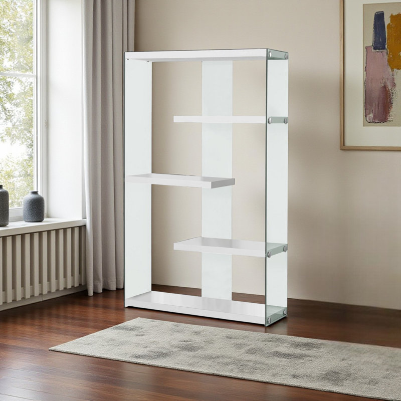 Bibliothèque Cilombo à 5 niveaux avec 4 tablettes Zig-Zag en verre / blanc, H 58,55 po x l 35,77 po x P 11,96 po