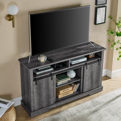 Meuble télé pour téléviseur de 65 pouces, meuble audio-vidéo avec armoires de rangement et porte de grange coulissante, meuble télé de style Mid-Century