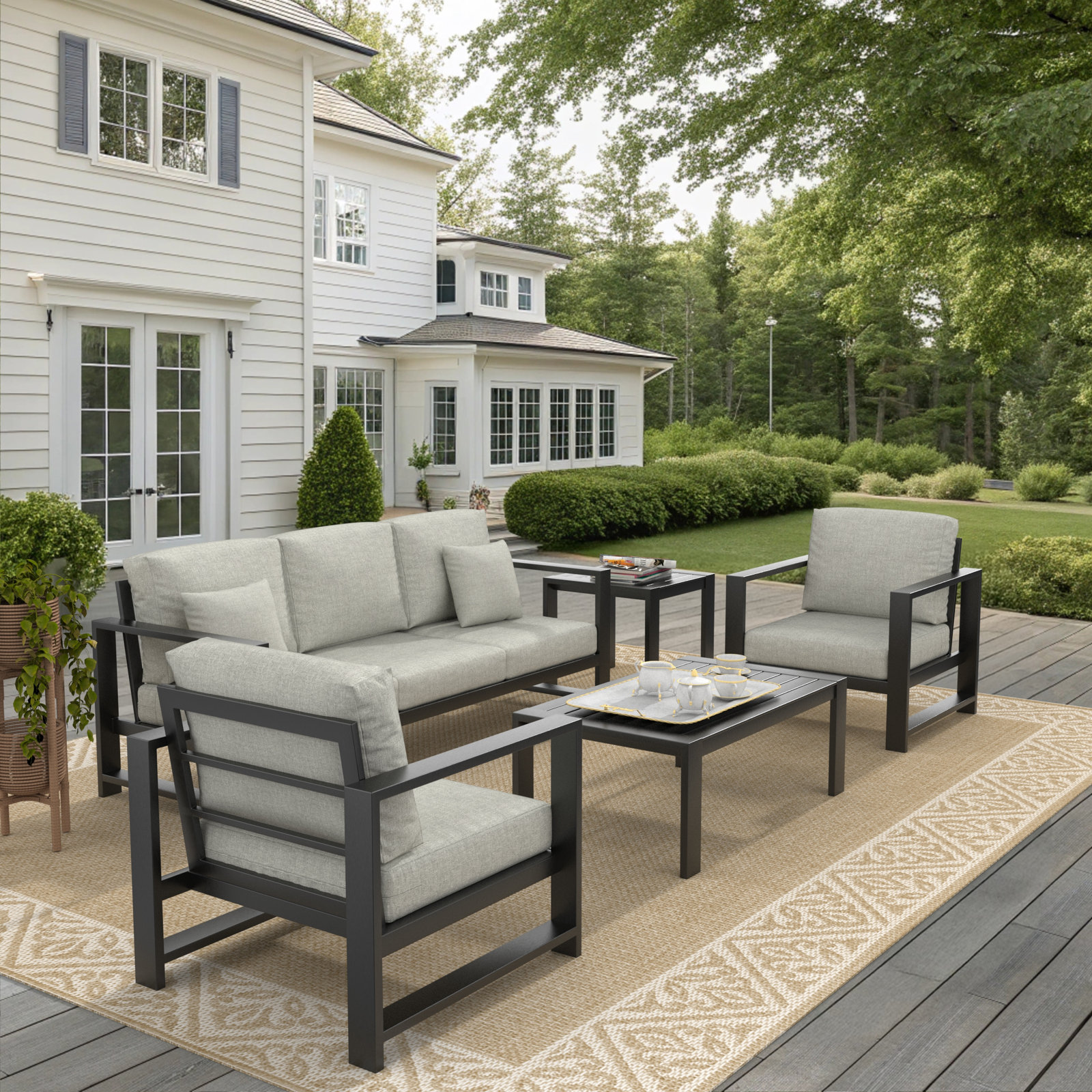 Dulcie 5 Person Seating Set with Sunbrella® Cushions, Canvas Granite Sunbrella® Canvas
