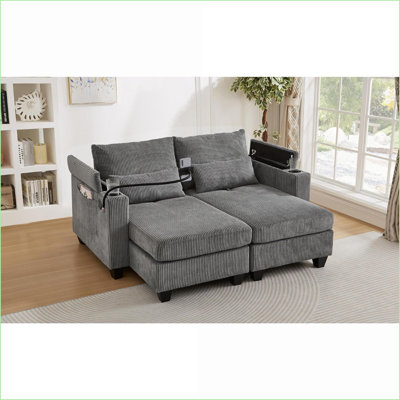 Canapé-lit convertible avec causeuse 63 po avec ports USB, porte-gobelets, rangement | Gris ardoise | Velours côtelé Sofas