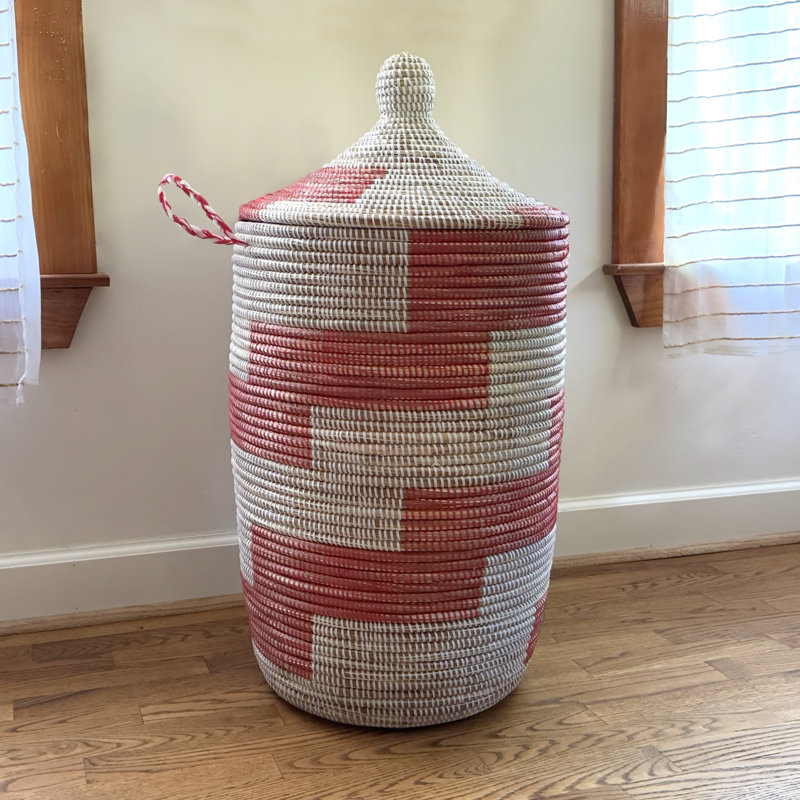 Senegalese Basket: Large Hamper Overlapping Stripes - Red