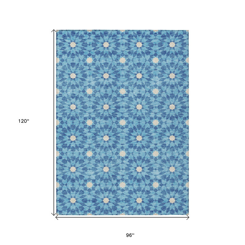 Tapis intérieur lavable 8 pi x 10 pi bleu et ivoire à médaillon floral