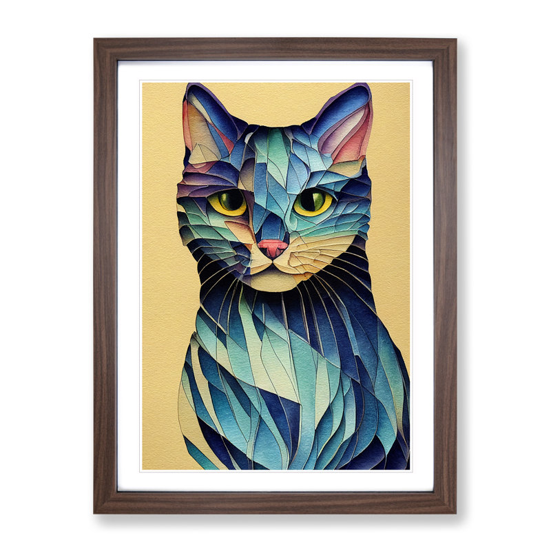 Colourful Cat No.3 Abstract - Single Picture Frame Painting, 64cm H x 46cm W x 2cm D, Walnut