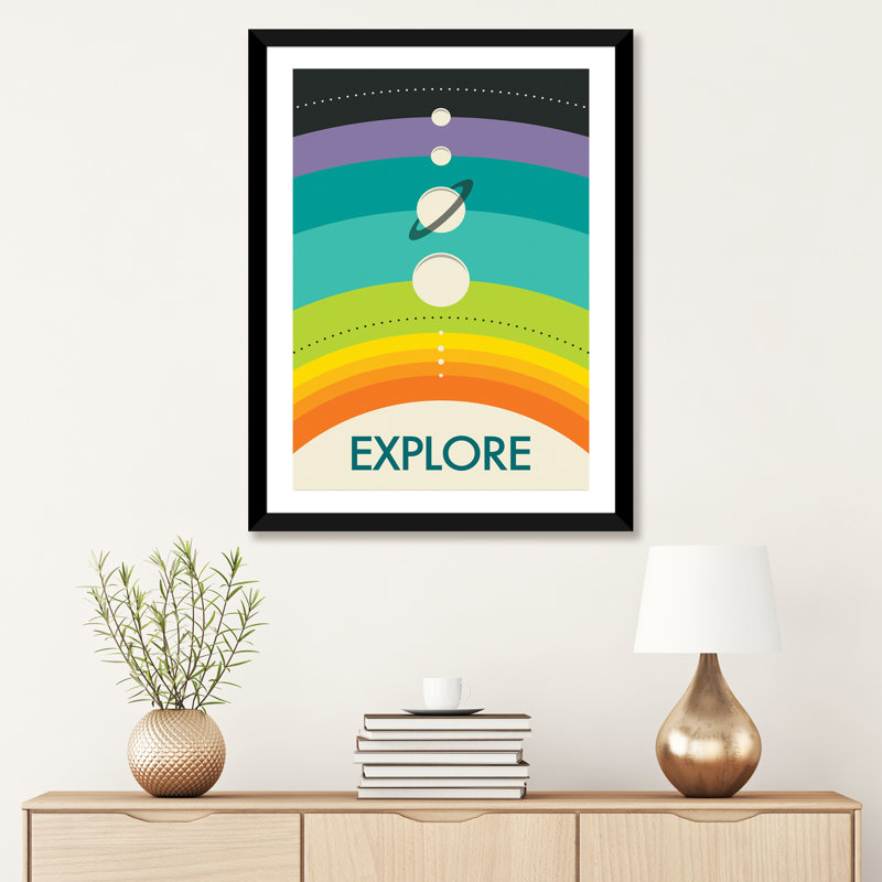 Système solaire pour enfants, décoration murale, H 24 po x l 16 po x P 1 po, Papier encadré noir