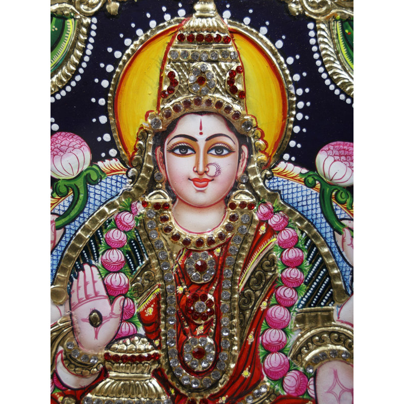 Bénédiction de la déesse Lakshmi | Or 24 carats | Peinture encadrée de Tanjore