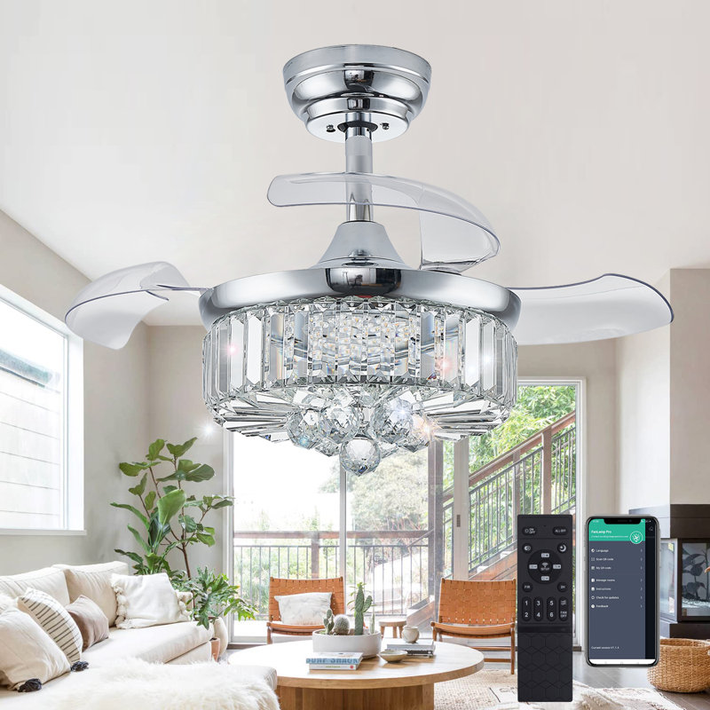 30" Dimmable Crystal Chandelier Fan, Chrome