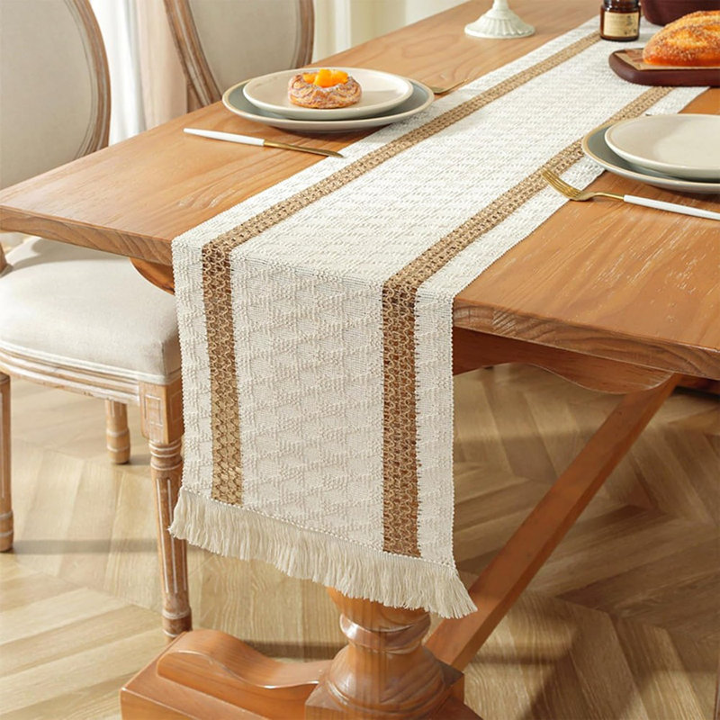 Table Runner For Thanksgiving Christmas Winter Home Decor 72 Inches Long Farmhouse Macrame Table Runner Cotton Linen Woven Table Runners For Dining Table Decoration, Beige & Brown