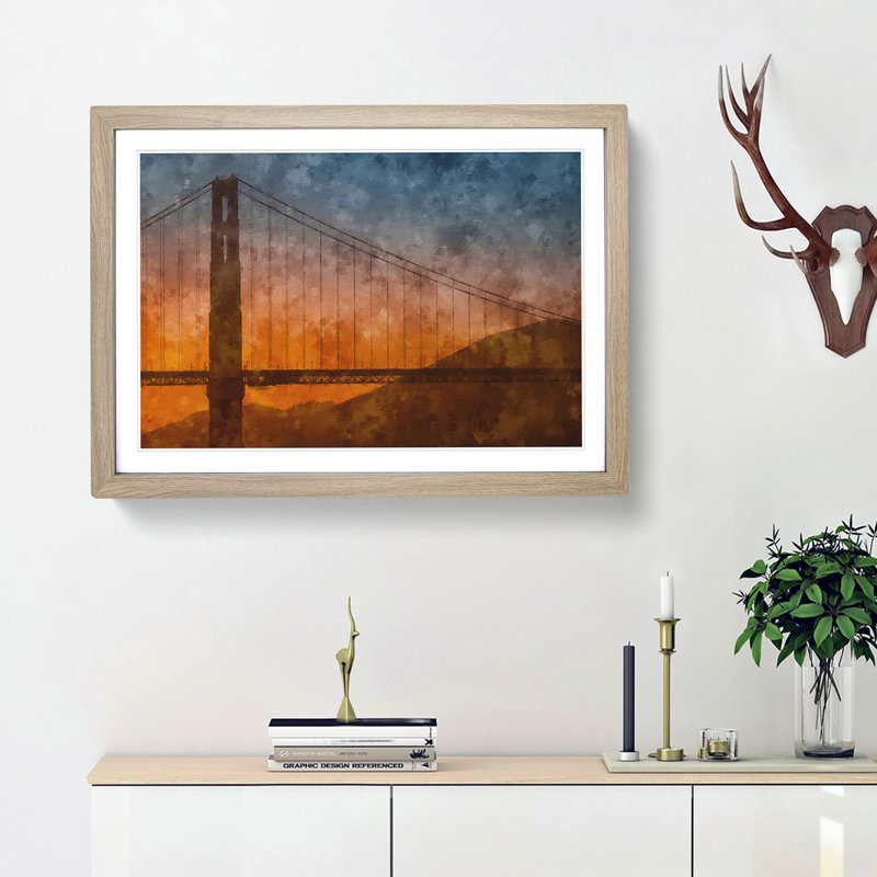 Sunset over Golden Gate Bridge - Picture Frame Painting Print, 45cm H x 63cm W x 2cm D, Oak Framed
