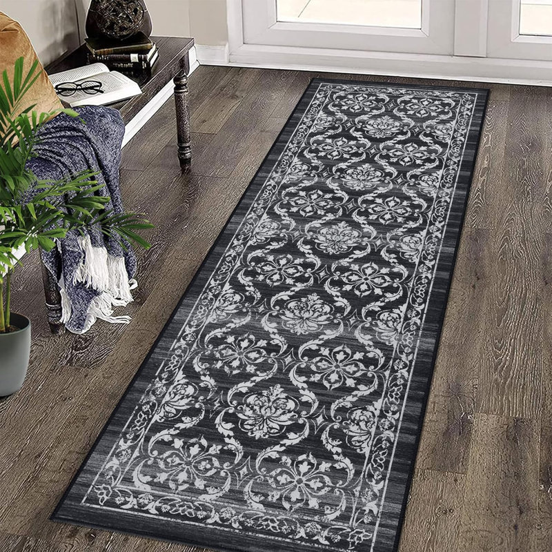 Washable Oriental Floral Boho Distressed Accent Non-Slip Entryway Living Room Low Pile Non-Shedding Thin Floor Carpet for Home Decor