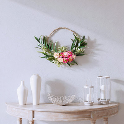 Couronne de printemps en eucalyptus artificiel 16 pouces et bouton d'or, décoration florale réaliste pour porte d'entrée ou décor intérieur