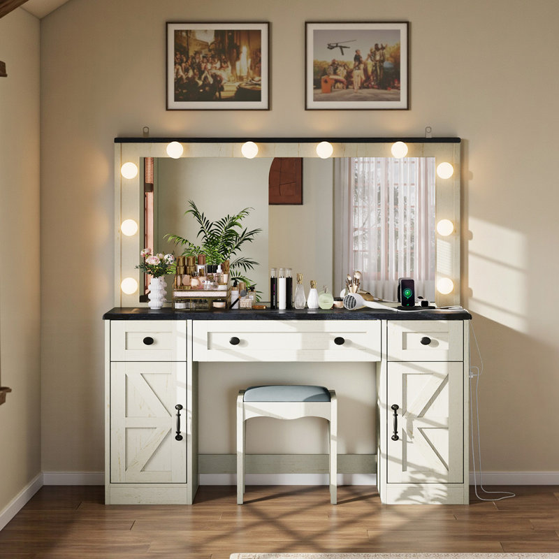 Cioeta 43" Farmhouse Makeup Vanity with Hollywood 3 colors Adjustable Mirror&Built-in Outlets, White