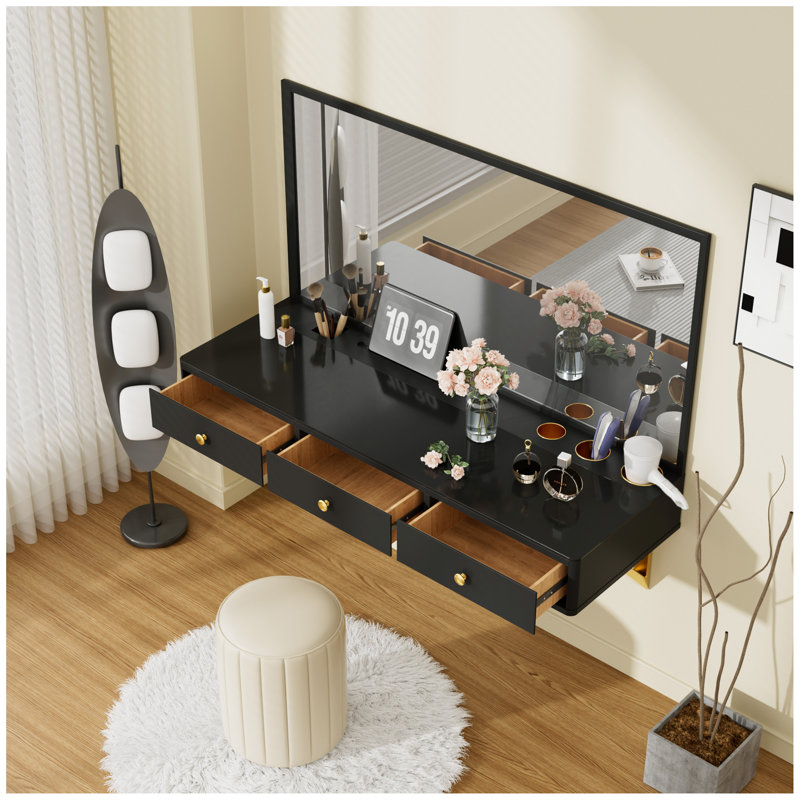 47" Floating Shelf with Drawer, Multi-Purpose Wall-Mounted Vanity Table, Mounted Desk, Floating Table for Bedroom, Bathroom, Hairdressers, Black and Golden
