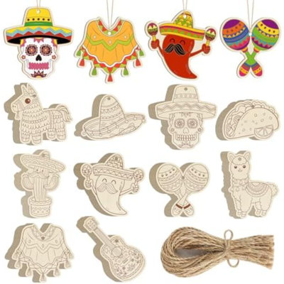 80 PCS en bois Cinco De Mayo Artisanat Décorations Mexique Artisanat Pour Enfants Fiesta Ornements À Peindre, 10 Styles DIY Blanc Découpes Non Finies Pour Arbre Suspendu À Thème Mexicain Carnaval Taco Fête D'anniversaire
