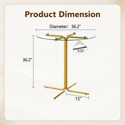 Table haute de bar ronde en verre, plateau de 91 cm (36 pouces) en verre trempé, solide piètement à quatre colonnes chromées argentées, idéale pour les petits espaces et les cuisines.