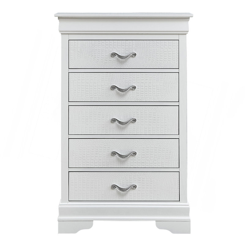 Commode verticale à 5 tiroirs avec façade texturée et poignées décoratives, Blanc