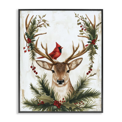Cardinal & Deer avec festive, giclée encadrée, design par Acorn & Ivory Designs