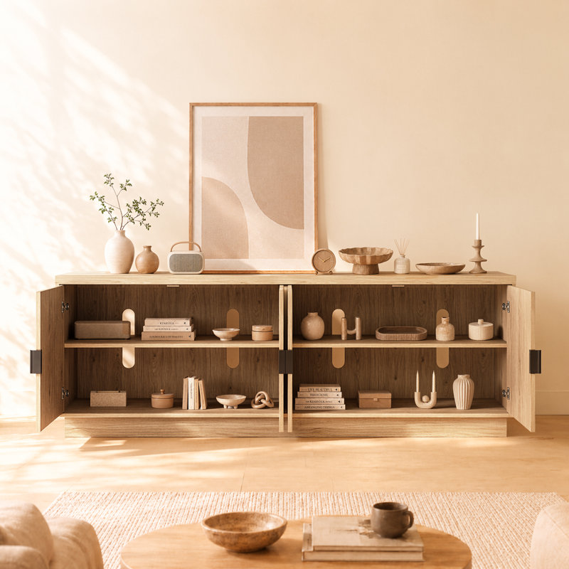 68"W Fluted TV Stand for TVs up to 75" with 4 Doors, Adjustable & Removable Shelves and Cable Management, Natural