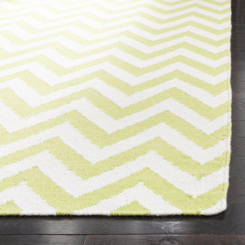 Dhurries Hand Woven Flat Weave Wool/Cotton Chevron Rug in Green/Ivory, Square 8'