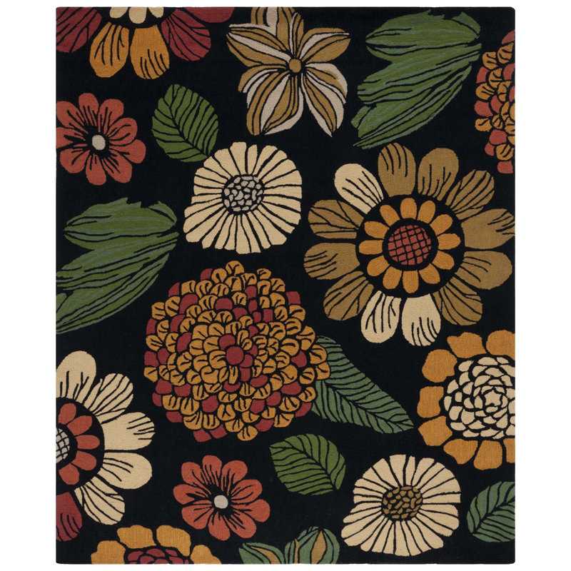 Tapis crocheté à la main noir / orange / vert / beige Doyle, Rectangle 2 pi 3 po x 3 pi 9 po
