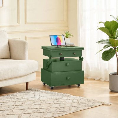 Table de bout roulante à hauteur ajustable laquée ultrabrillante avec station de charge et roues universelles avec freins, table à plateau relevable multifonctionnelle avec tiroirs de rangement pour la chambre à coucher du salon