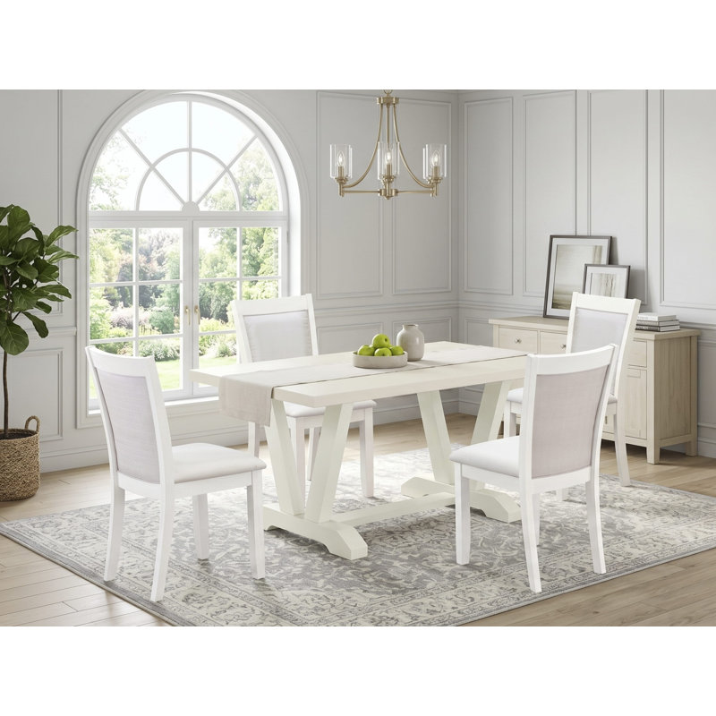 5-Piece Dining Set Includes a Linen White Dinner Table and 4 Cream Linen Fabric Parson Chairs with High Back - Wire Brushed Linen White.