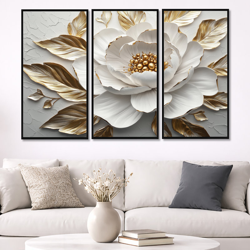 Ensemble de salon art mural pivoines blanches et dorées Bloom III, Toile avec cadre flottant noir, H 40 po x l 60 po x P 1 po