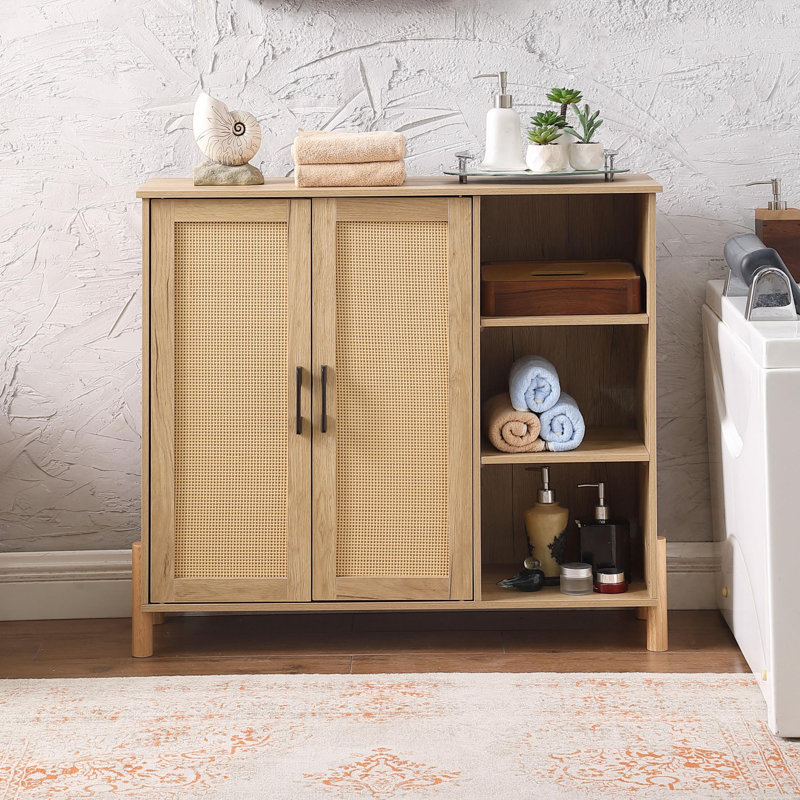 Mid-Century Modern Storage Cabinet with Woven Doors, Open Shelves & Adjustable Shelves