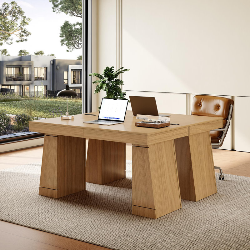 Bureau de direction moderne de 55 pouces avec centre d'alimentation intégré et armoire de rangement dissimulée, table de travail stable à structure en acier avec plusieurs options de finition