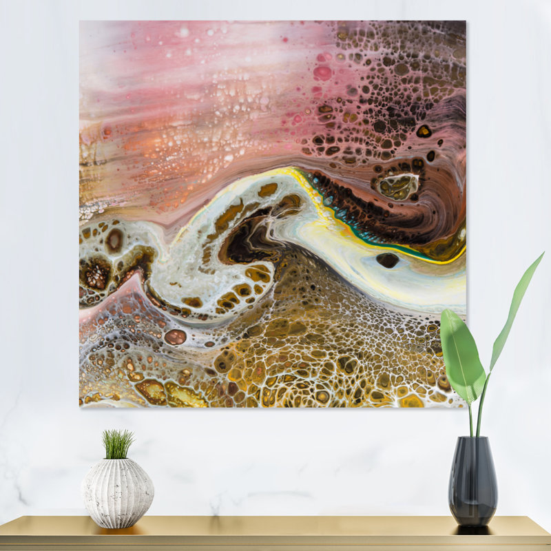 Art liquide blanc avec vagues roses et jaunes - impression sur toile moderne, H 30 po x l 30 po x P 1 po, Toile tendue