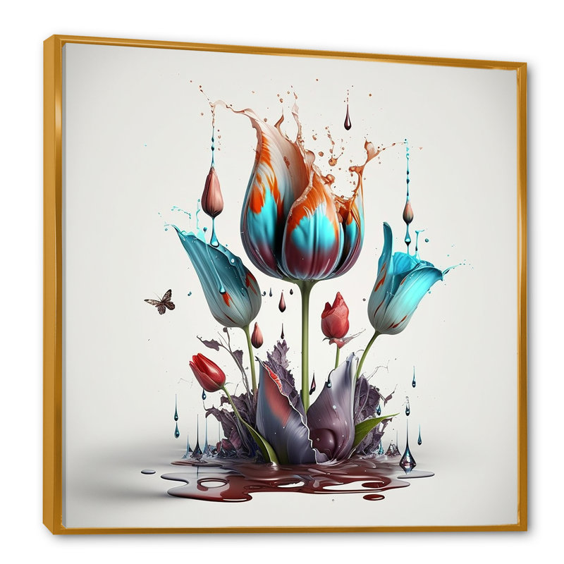 " Blue Tulip Paint Drop ", 24" H x 24" W x 1" D, Gold Floater Framed