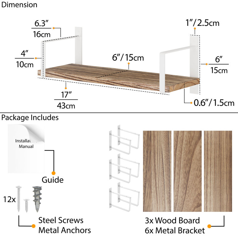 Ternate 3 Piece Bracket Shelf, 6" H x 17" W x 6.3" D, White