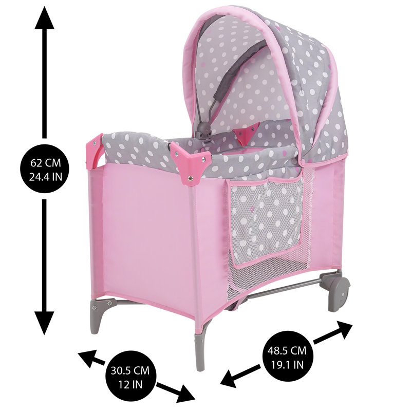 509 Crew: Cotton Candy Pink: aire de jeu pour poupées - rose, gris, à pois - pour les poupées jusqu'à 18 po, pliable, auvent rétractable, jeu pour enfants 3 ans et plus
