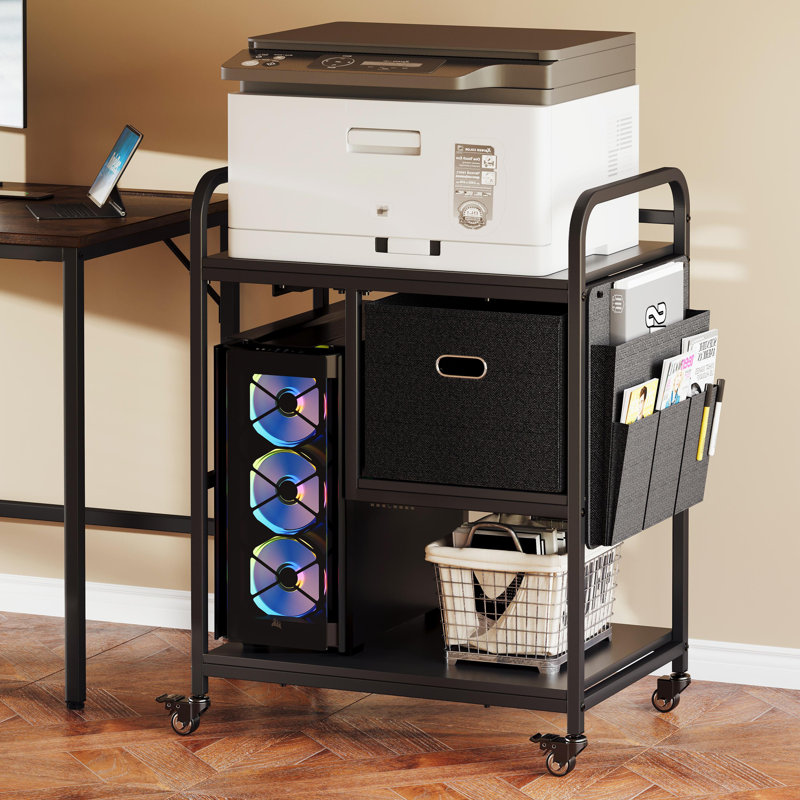 3 Tier Heavy Duty Printer Stand with Storage, Computer Tower Stand with Industrial Wheels & Drawer, Large Mobile Printer Table for Home Office Organization (Brown)