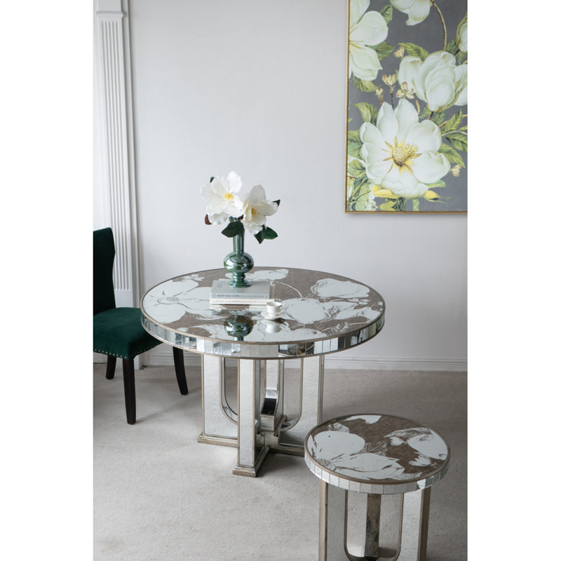 Table de salle à manger 47 x 47 x 31,5 po avec motif floral élégant et finition argentée
