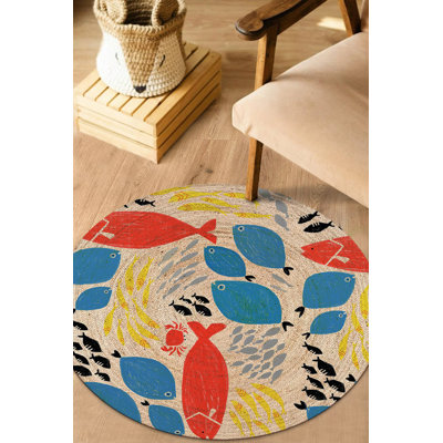 Tapis rond en jute tissé à la machine beige / bleu