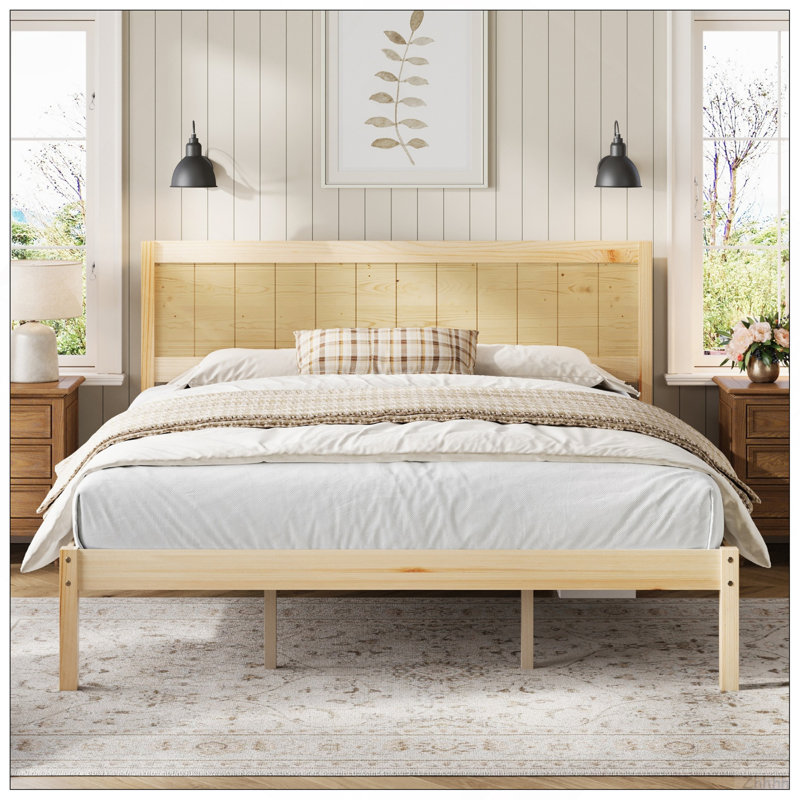 Structure de lit plateforme avec tête de lit, support à lattes de bois, aucun sommier requis, très grand, naturel, Naturel