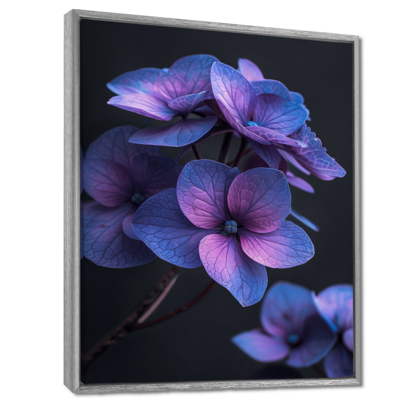 Beauté éthérée, hortensia bleu mauve, photo I - décoration murale hortensia, H 12 po x l 20 po, Encadrement argenté