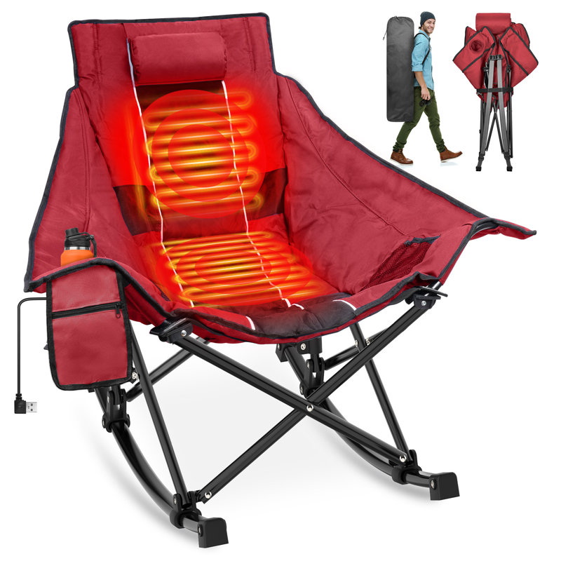 Heated Rocking Camping Chair, 3 Adjustable Heat Settings Oversized Portable Foldable Camping Chair, Wine Red