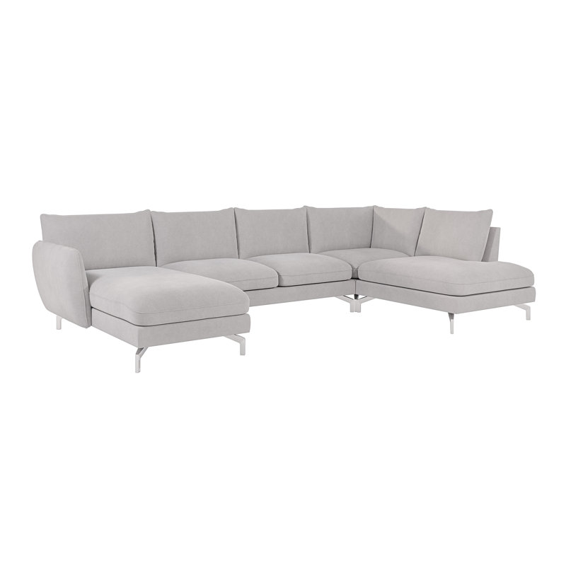 Modern U-Shape Kimo Corner Sofa with Silver Metal Legs, Left Hand Facing, Silver