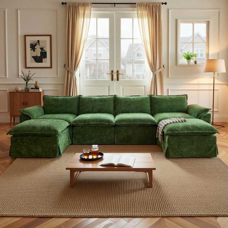158" Modular Sectional Sofa, Double-Layer U-Shaped Cushion Cloud Comfort Couch, Green, 30" H x 157.48" W x 41.73" D