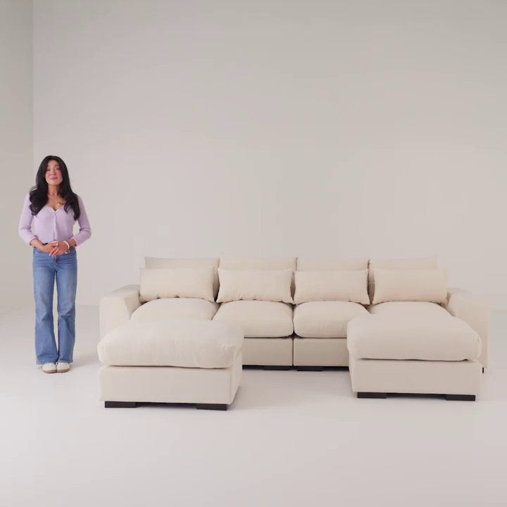 Light Gray Linen-Blend Modular Sectional Sofa with Ottoman