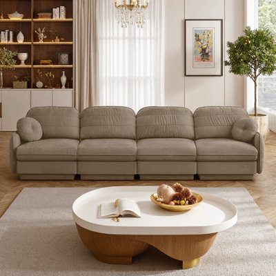 137" Chenille Cloud 4-Seater Sofa With Round Pillows & Quilted Back Cushions