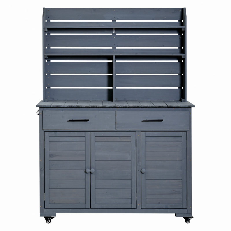Grand banc de rempotage de jardin de 65 po de hauteur avec roues verrouillables et armoire de rangement, chariot de préparation pour îlot de cuisine d'extérieur en bois avec huche, tiroirs et tablettes de retrait pour griller