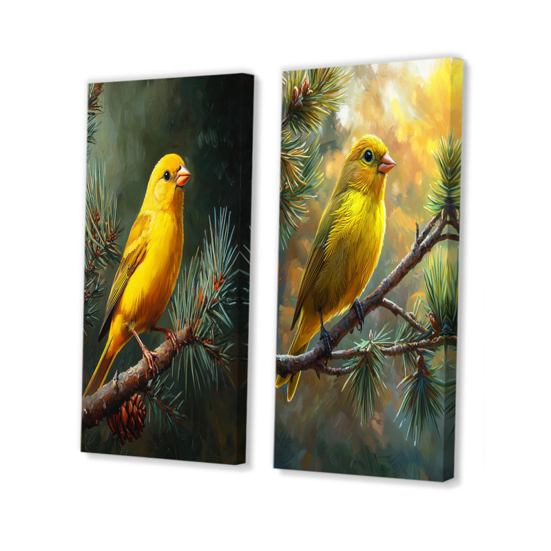 Oiseau pinson sur une branche de pin I - animaux, art mural 2 pièces, 28" H x 25" W, Toile tendue
