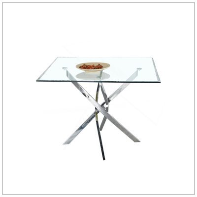 Table carrée contemporaine en verre trempé transparent avec pieds en acier inoxydable à finition argentée