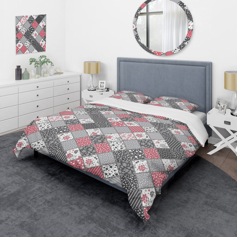 Patchwork rose et blanc - ensemble de housse de couette abstrait - microfibre de polyester