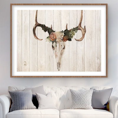 Mule Deer Skull with Roses - Beige Animals Framed Print