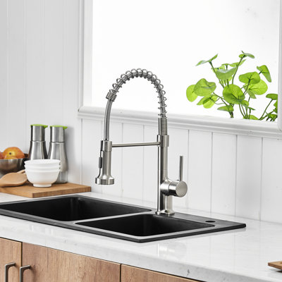 Robinet de cuisine avec robinet escamotable en nickel brossé, bec arqué haut, robinet à poignée simple rotatif à 360 degrés, lavabo moderne