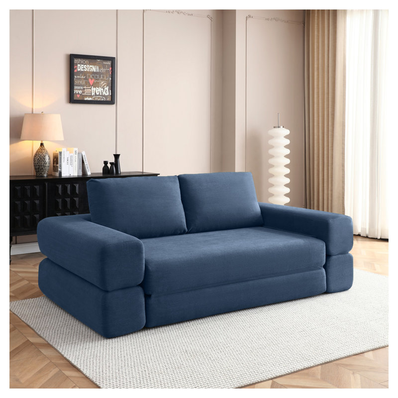 Canapé-lit convertible en velours côtelé de 206 cm (81 po), canapé de sol pliant 3 en 1 avec coussins, bleu